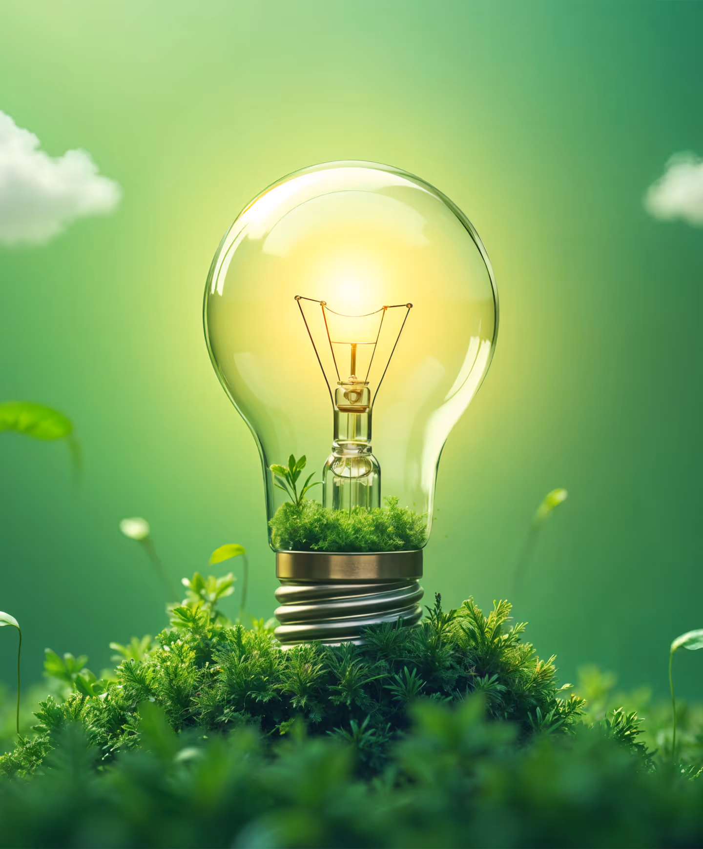 Glowing light bulb with green plants growing inside and around its base on a green background.